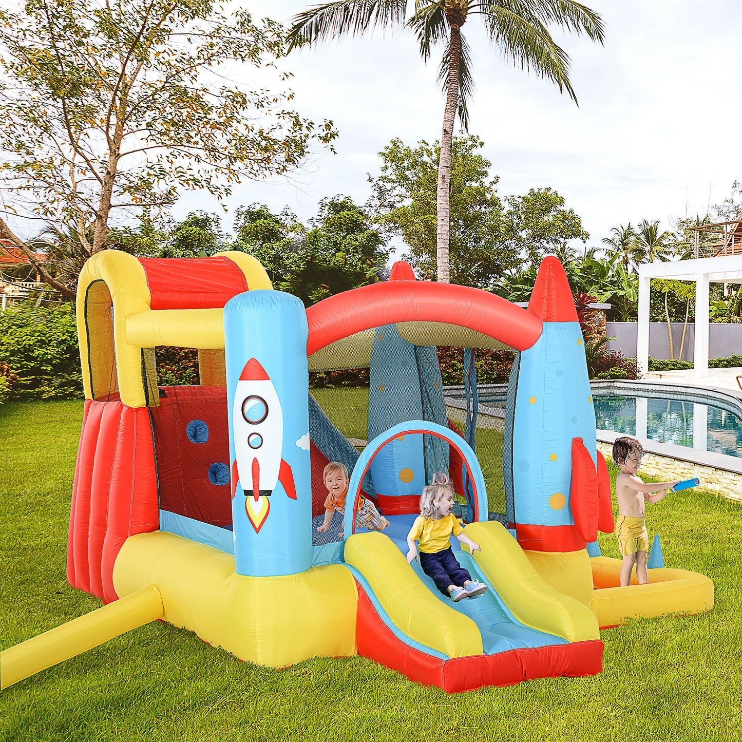 Outsunny 3-in-1 Inflatable Bouncy Castle with Dual Slides, Trampoline & Water Pool 3.3m x 2.65m x 1.85m