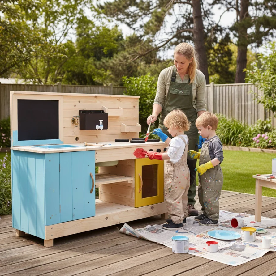 Big Game Hunters Triple Mud Kitchen – Wooden Outdoor Kids Play Kitchen with Sink
