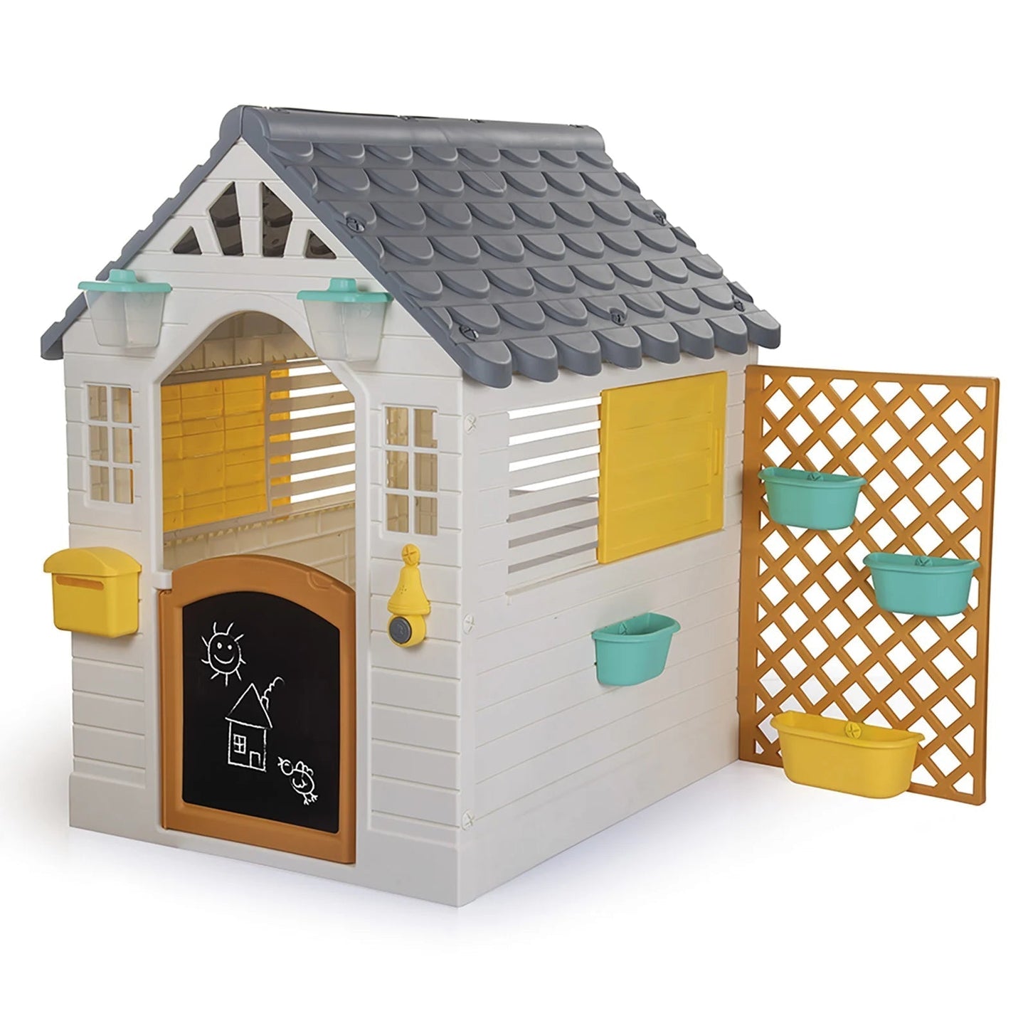 Garden Playhouse with Fence – White & Grey Outdoor Kids Playhouse