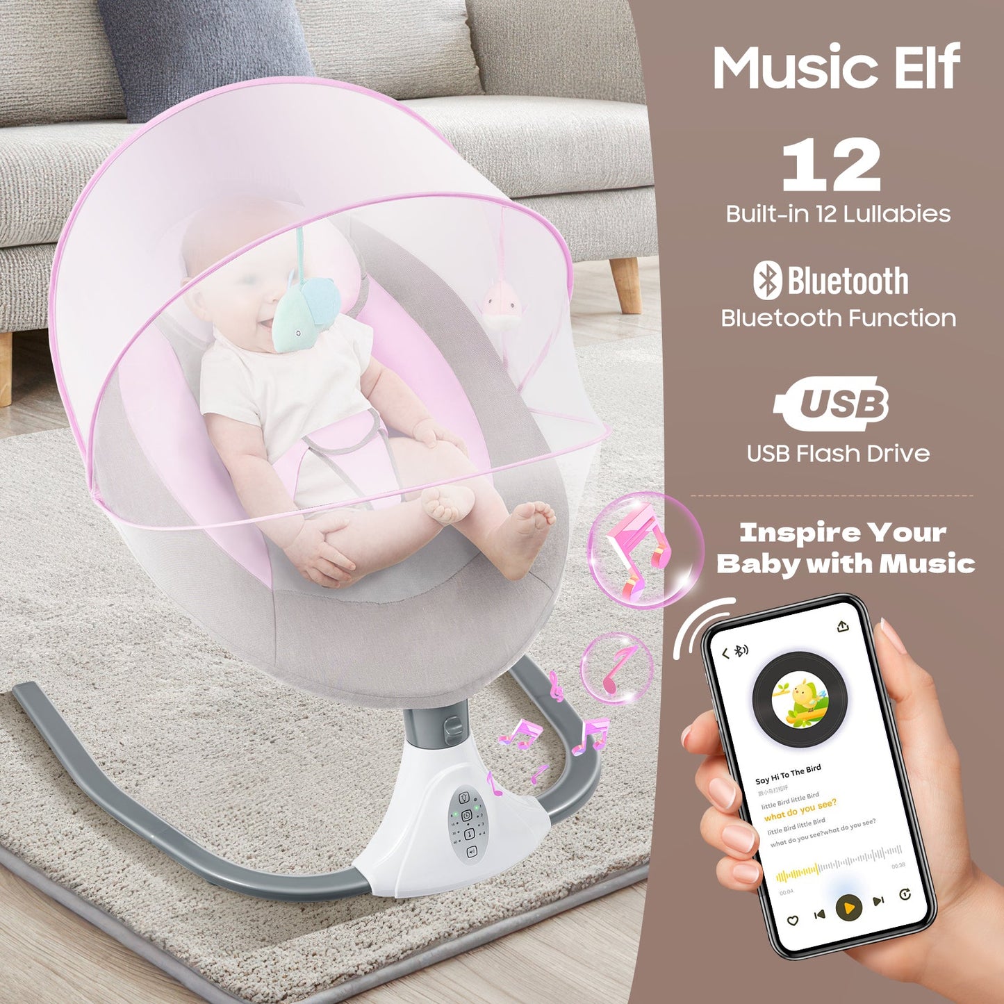 Infant baby swing with 4 speeds, 12 lullabies, 3-point harness and remote control