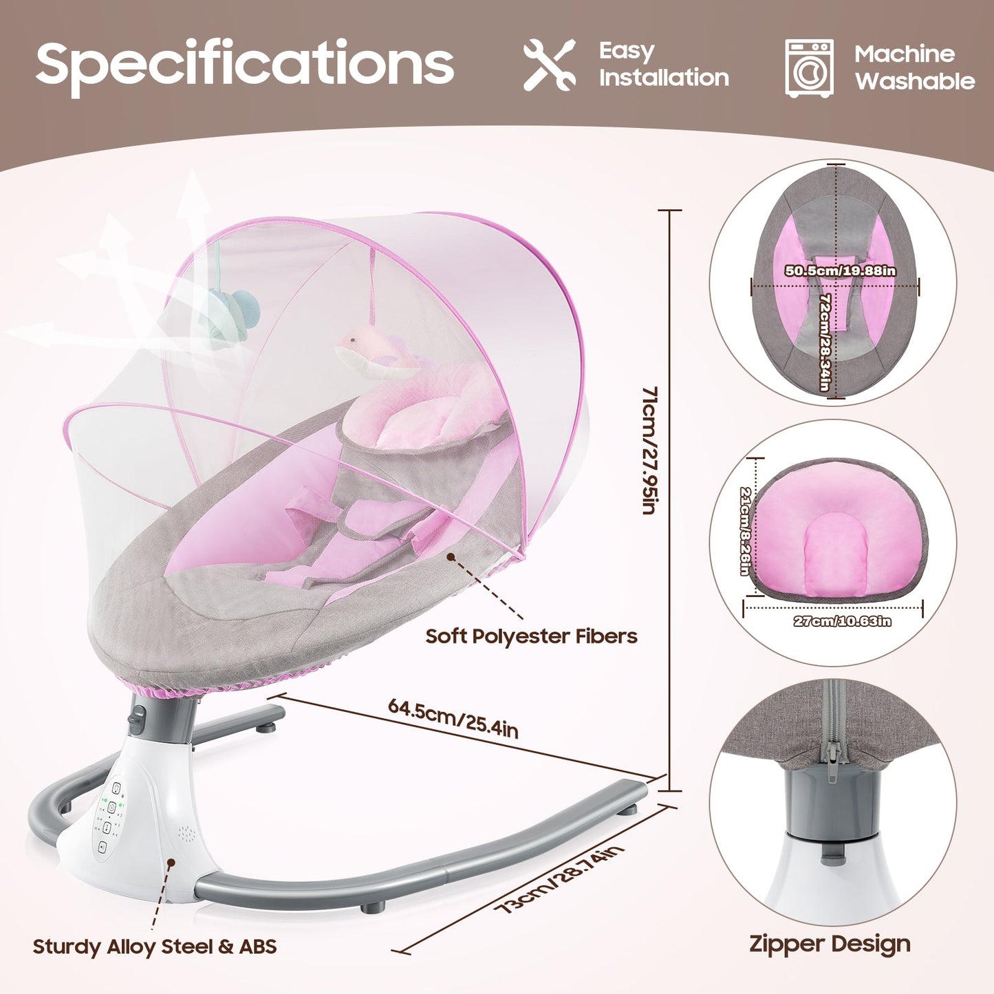 Infant baby swing with 4 speeds, 12 lullabies, 3-point harness and remote control