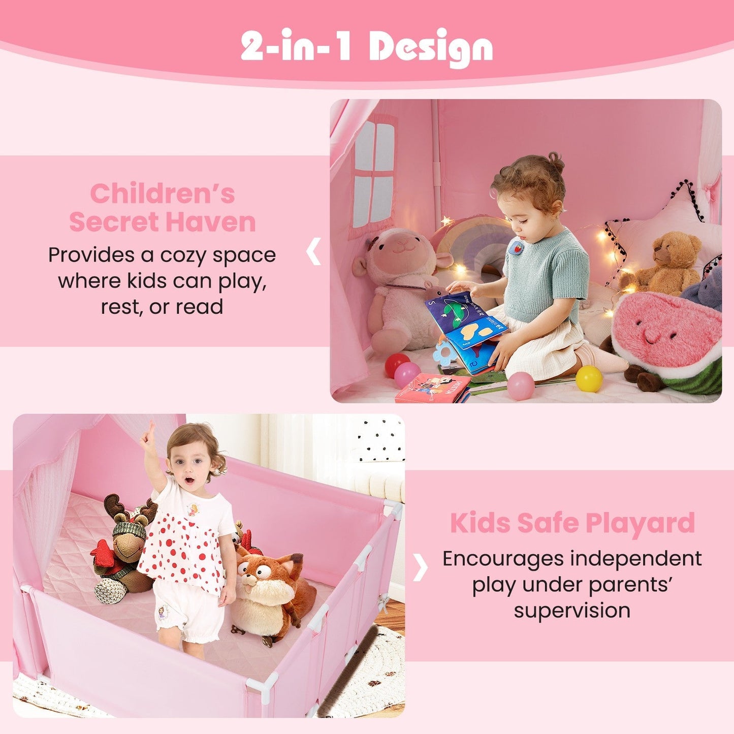 COSTWAY Kids 2-in-1 Play Tent & Toddler Playpen – Pink Indoor Playhouse for Kids Ages 1–5